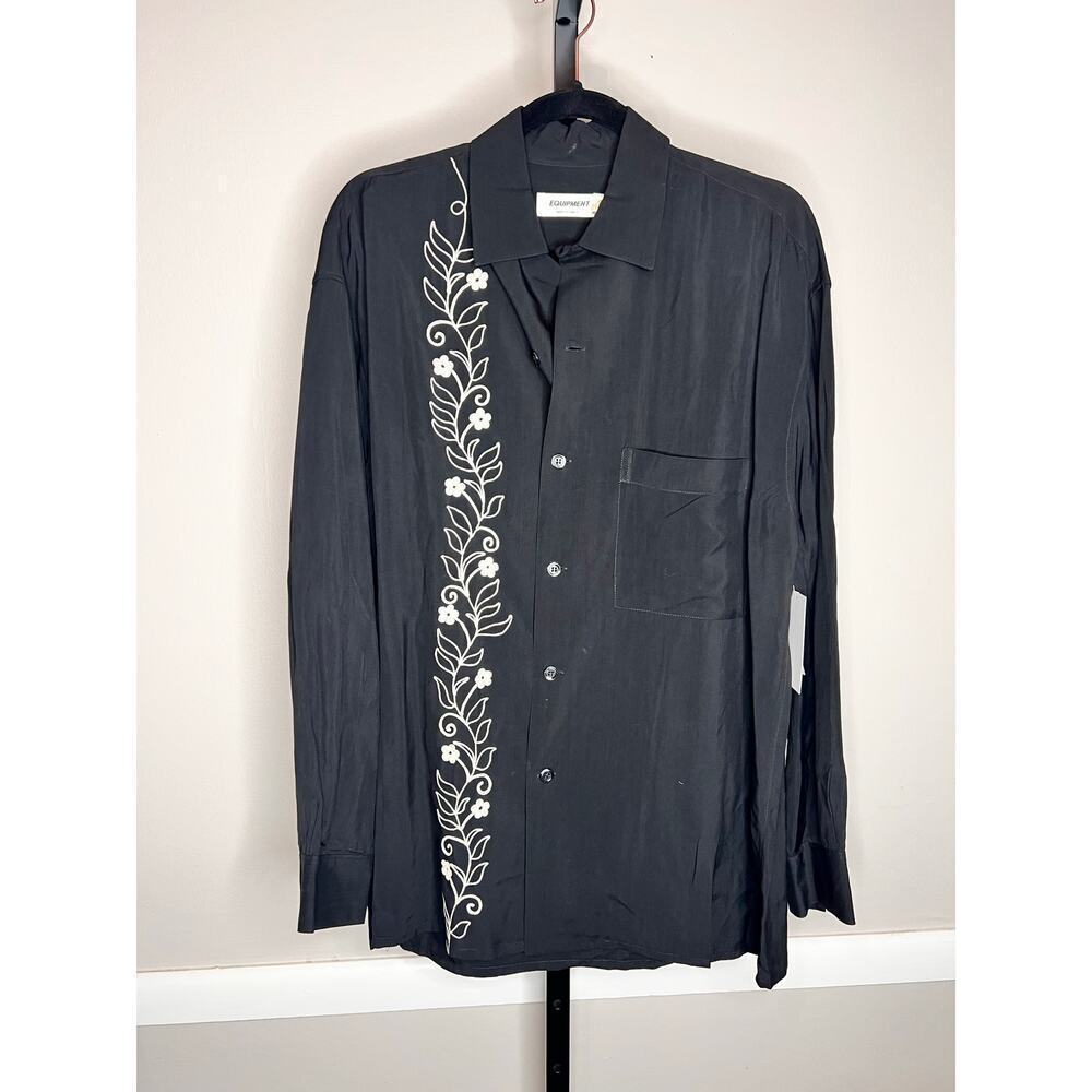 Equipment Embroidered Floral Long Sleeve Button-Up Shirt Black/White Women M NWT
